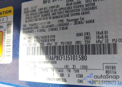 2018 Ford Mustang Gt из США, поврежденный, VIN 1FA6P8CF1J5101580